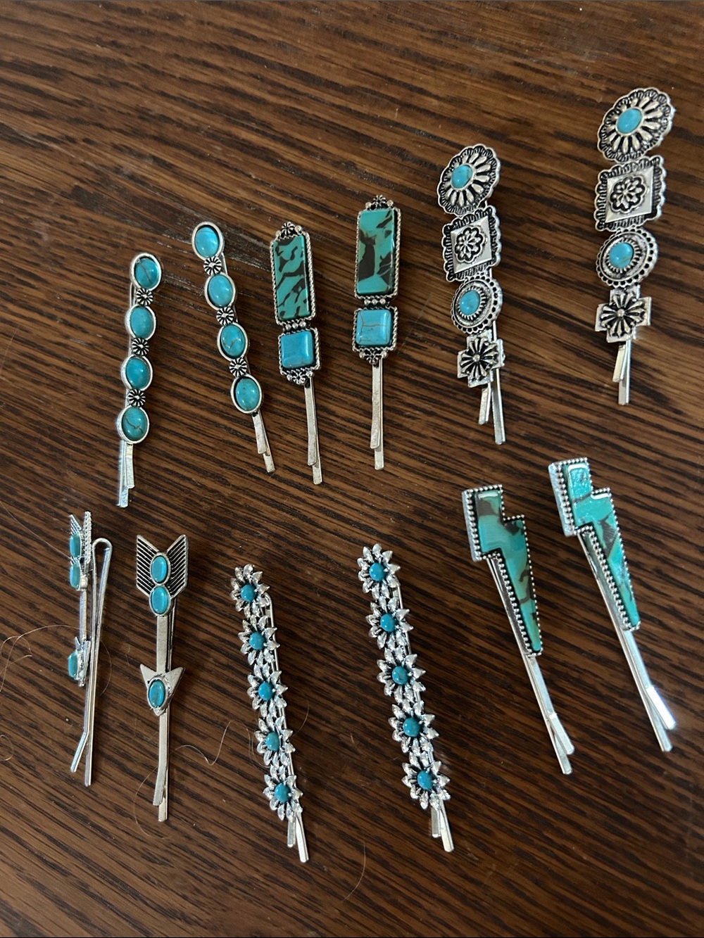 NEW 12 set western rodeo turquoise silver hair bobby pins boho bohemian NFR - Picture 3 of 4